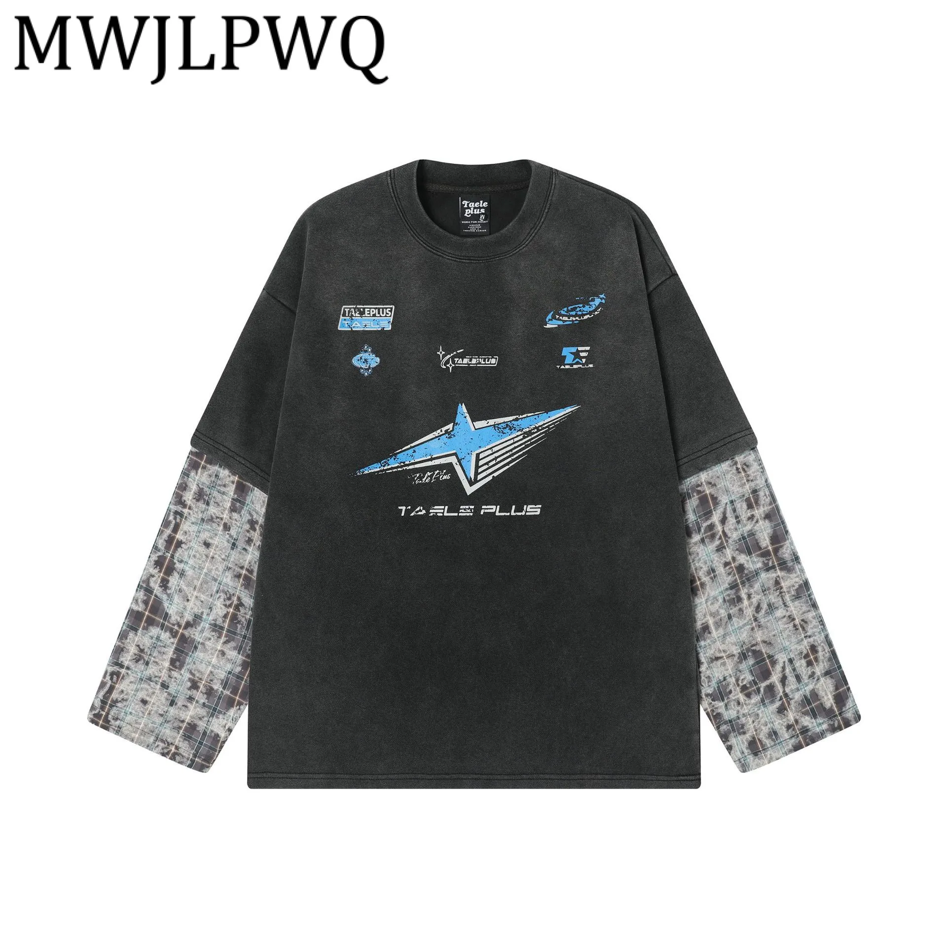 

MWJLPWQ осенняя американская уличная модная гоночная футболка с принтом, мужская футболка из двух предметов в клетку с круглым воротником и длинными рукавами, новые топы 21577