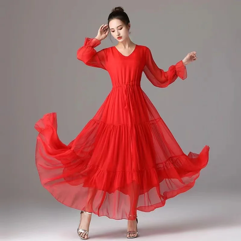 여성 여름 쉬폰 드레스 솔리드 긴팔 보헤미안 비치 드레스 해변 휴가 우아한 라지 스윙 롱 드레스 여성 의류