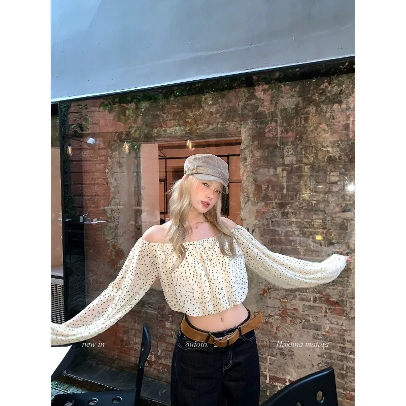 French Lantern Sleeves One-word Shoulder Long-sleeved Polka Dot Shirt Women's Early Spring New Off-the-shoulder Short Blouse Top