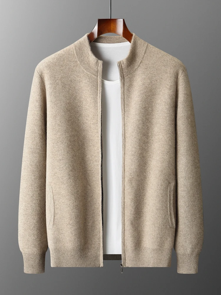 

MEETCC Men's Cashmere Cardigan Autumn Winter Zipper Thickened Warm Casual Sweater 100% Cashmere Mock Neck Jacket Soft Luxury Top