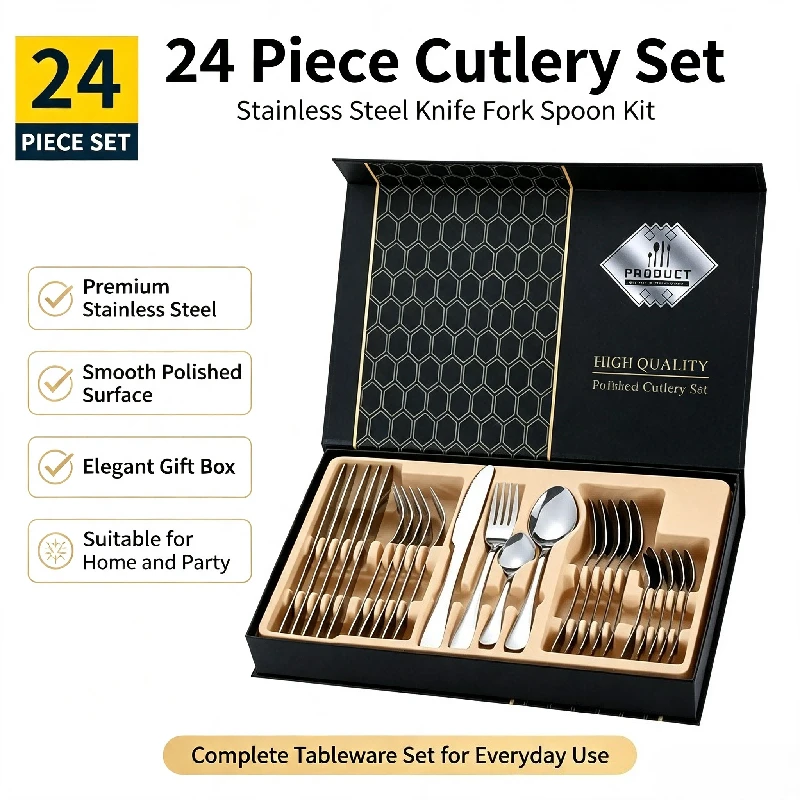 24-teiliges Edelstahl-Besteckset, Poliertes Silber-Besteck Messer Löffel Gabel Geschenkbox für Zuhause und Restaurant