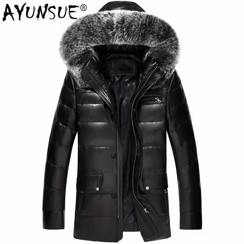 AYUNSUE Winter Genuine Leather Coat Men Leather Down Coat Fox Fur Hooded Thick Real Leather Sheepskin Coat MC16C601 LWL1074