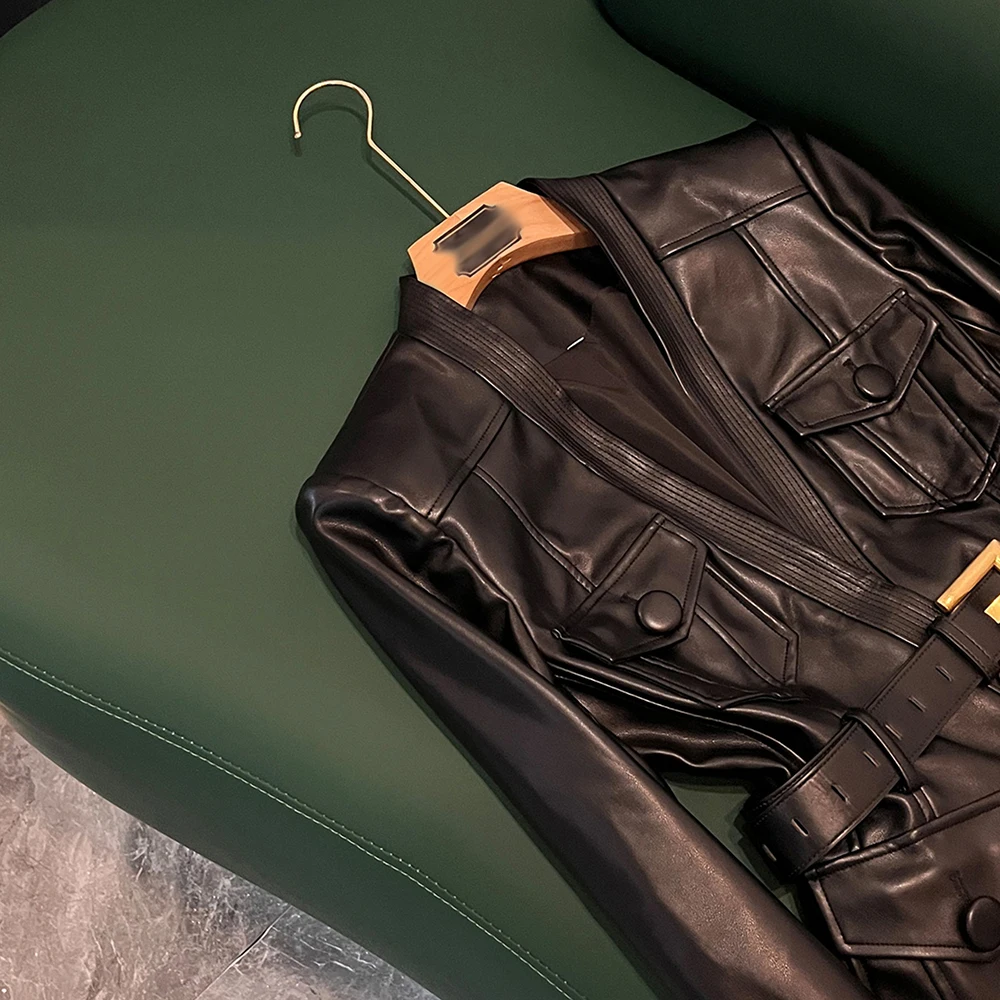 TWOTWINSTYLE Solid Slimming Leather Jackets For Women V Neck Long Sleeve Spliced Belt Casual Jacket Female Fashion New KJA545492