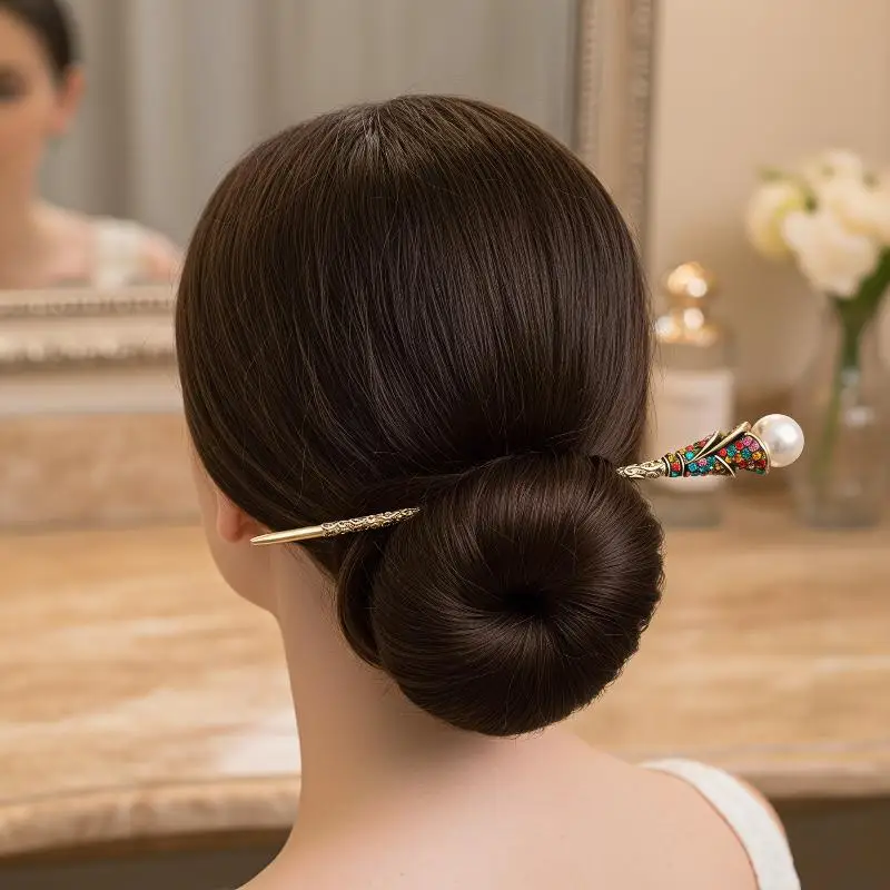 Antiker Goldener Geschnitzter Haarstab mit Kunstperlen und Bunten Strasssteinen für Hanfu, Hochzeiten, Partys und Tägliche Haardekoration – Detail 13