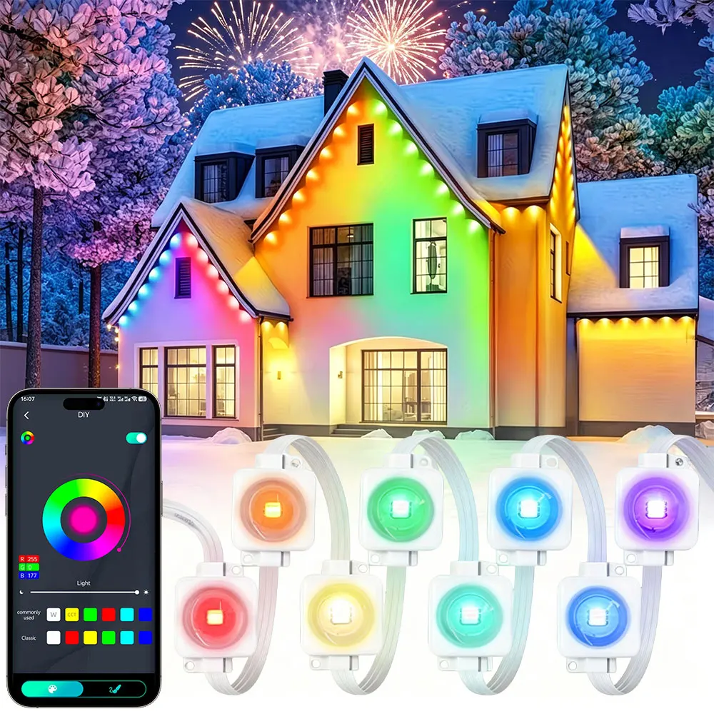 150FT 90LED Smart RGBIC Permanent Outdoor Eaves String Lights APP Control Custom DIY Scene Modes LED Lamp for Roof Garden Christmas Party Holiday Exterior Home Decor Lighting