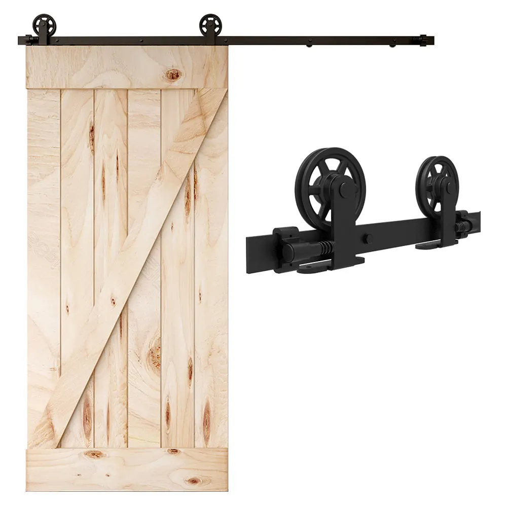 TSMST Heavy Duty Barn Door Hardware Kit for Wood Single Barn Door Black Industrial Rail + Middle Wheel  T Shape Roller