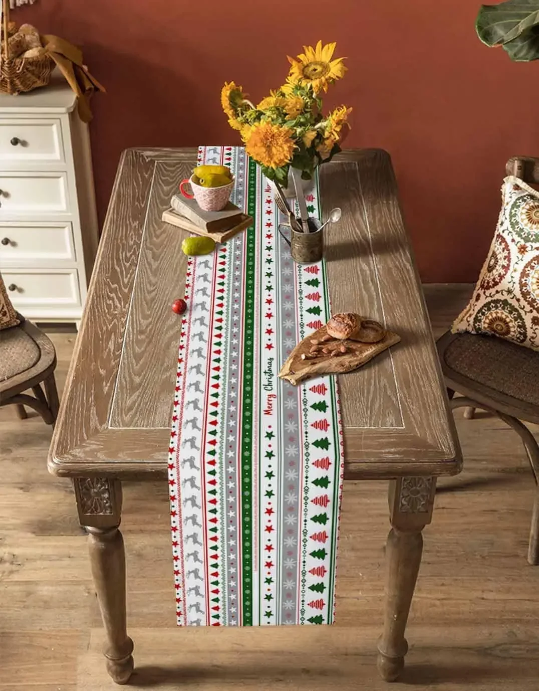 Christmas Tree Snowflake Deer Strips Linen Table Runner Home Decor Winter Xmas Kitchen Dining Table Runners Christmas Decoration