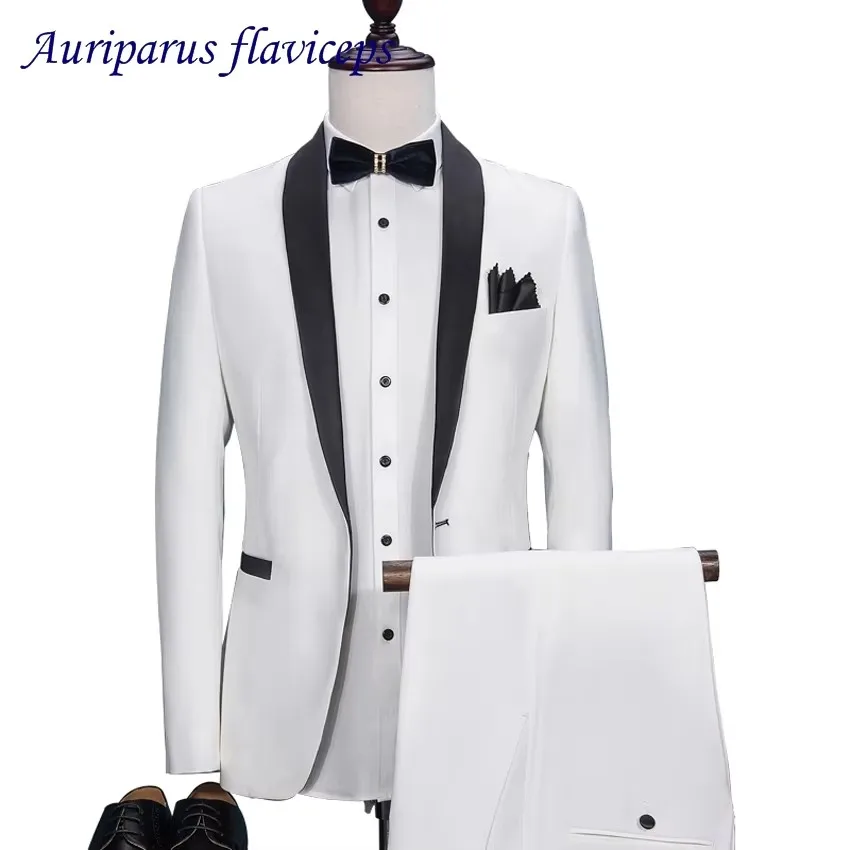 

New Man Suits White Groom Tuxedos Slim Fit Tailored Suit Black Shawl Lapel Wedding Suits For Men (Jacket+Pants)