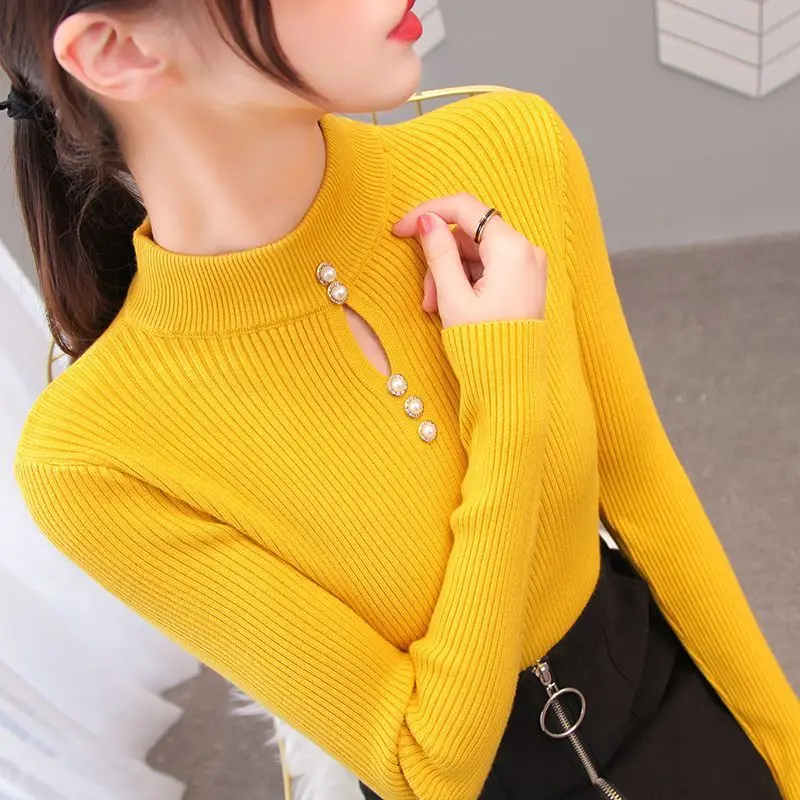 Autumn Elegant Fashion Long Sleeve Knit Pullover Women Clothing Vintage All-match Hollow Out Button Sweater Office Lady Chic Top