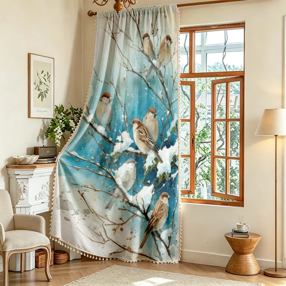 1PC Winter Birds Tassel Sheer Curtains, Snowy Branch Sparrow Pattern, Digital Print, Linen Polyester, for Cozy Bedroom Window