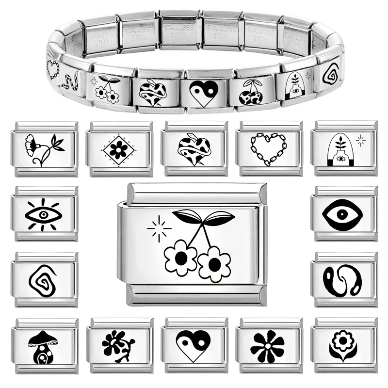 جديد النقش بالليزر الكرز القلب العين زهرة ربط الخرز صالح 9 مللي متر السحر الإيطالي النساء الرجال سوار مجوهرات DIY بها بنفسك صنع الهدايا #1