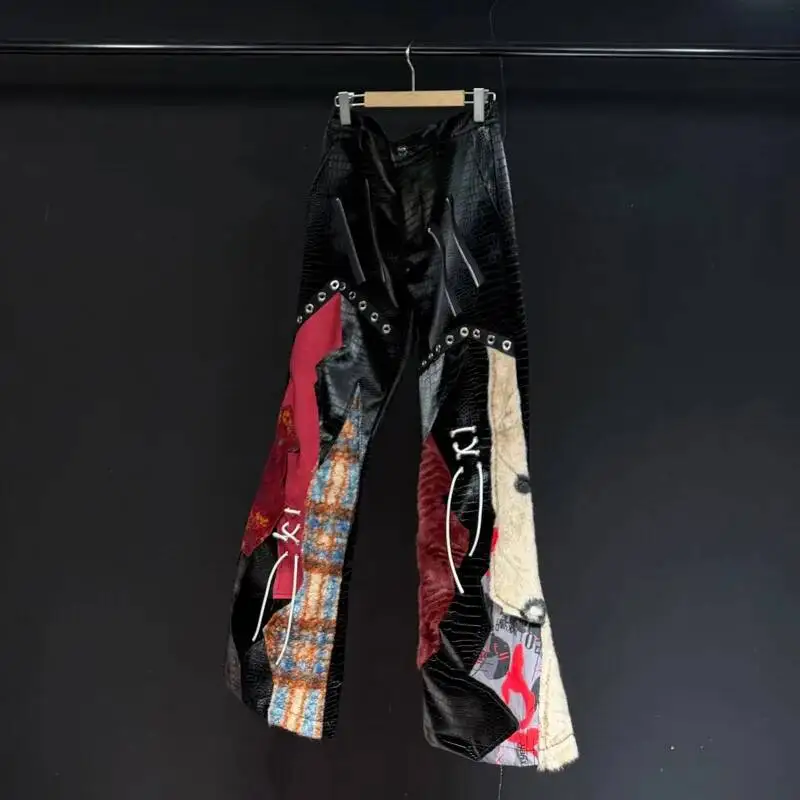 High Street Male Casual Pants Personality Splicing Loose PU Leather Wide Leg Trousers 2025 Autumn New Menswear DFE45