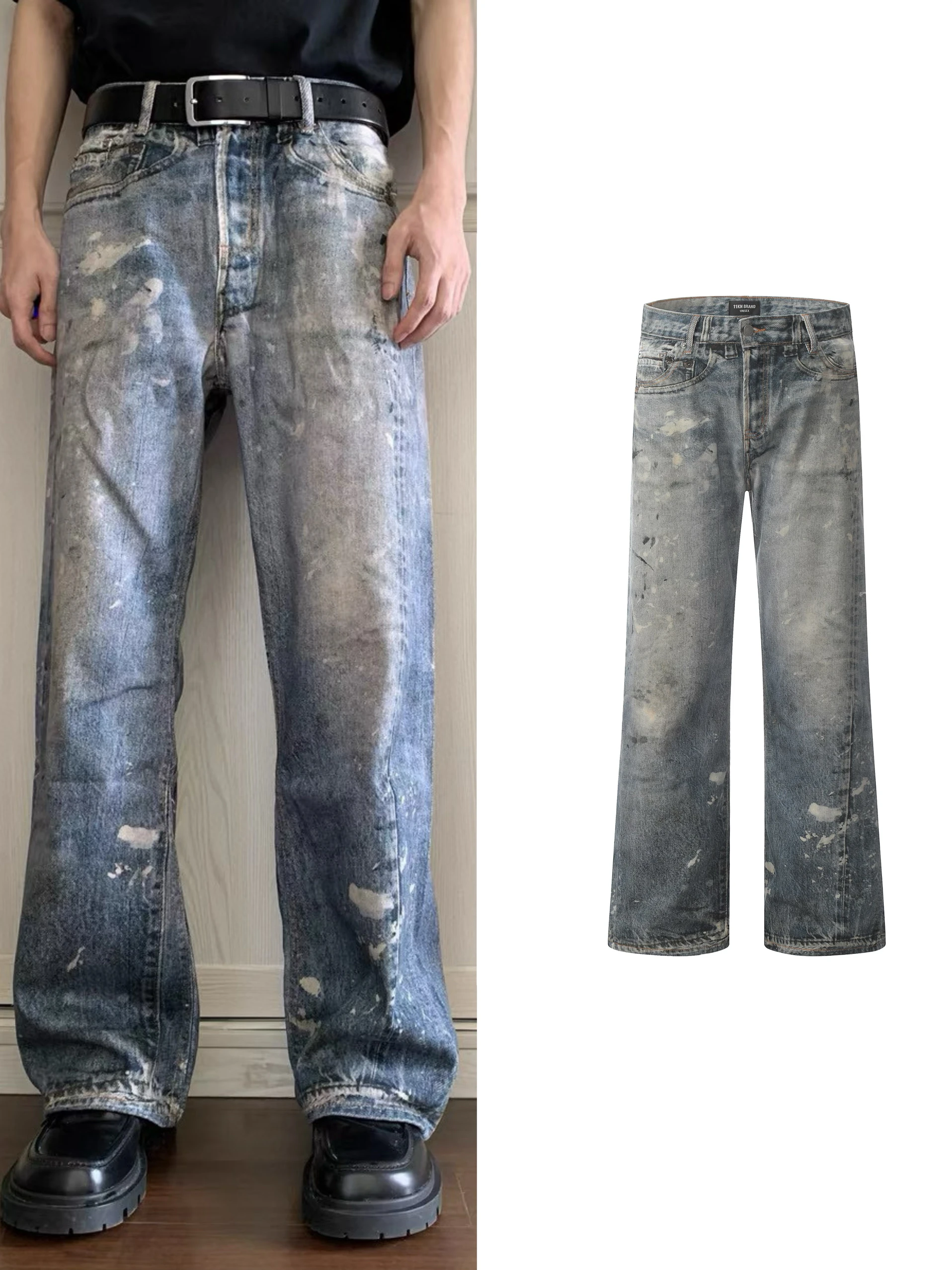 

Retro American Sle Men's Jeans Digital 3D Print adient Denim Pants Worn Spot Blue Straight Leg Trousers Youth Faion