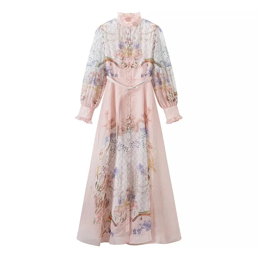 2026 Autumn New Style French Vintage Position Print Dress with Belt, Stand-Collar, Long-Sleeve, Button-Front, Large-Pantail