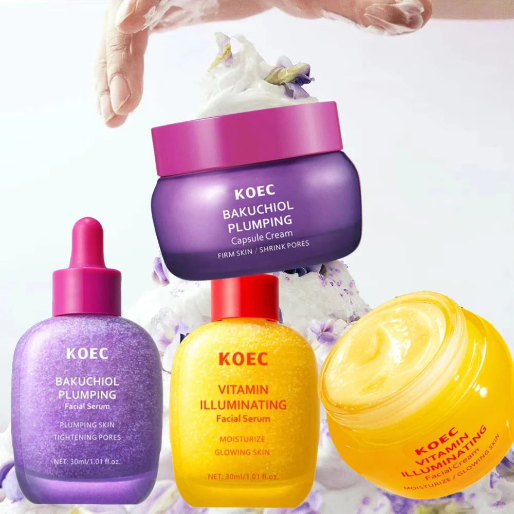 Kit de Cuidado Facial Coreano KOEC - Crema y Sérum Reafirmante con BAKUCHIOL, Crema y Sérum Facial Iluminador con Vitaminas, Hidratante