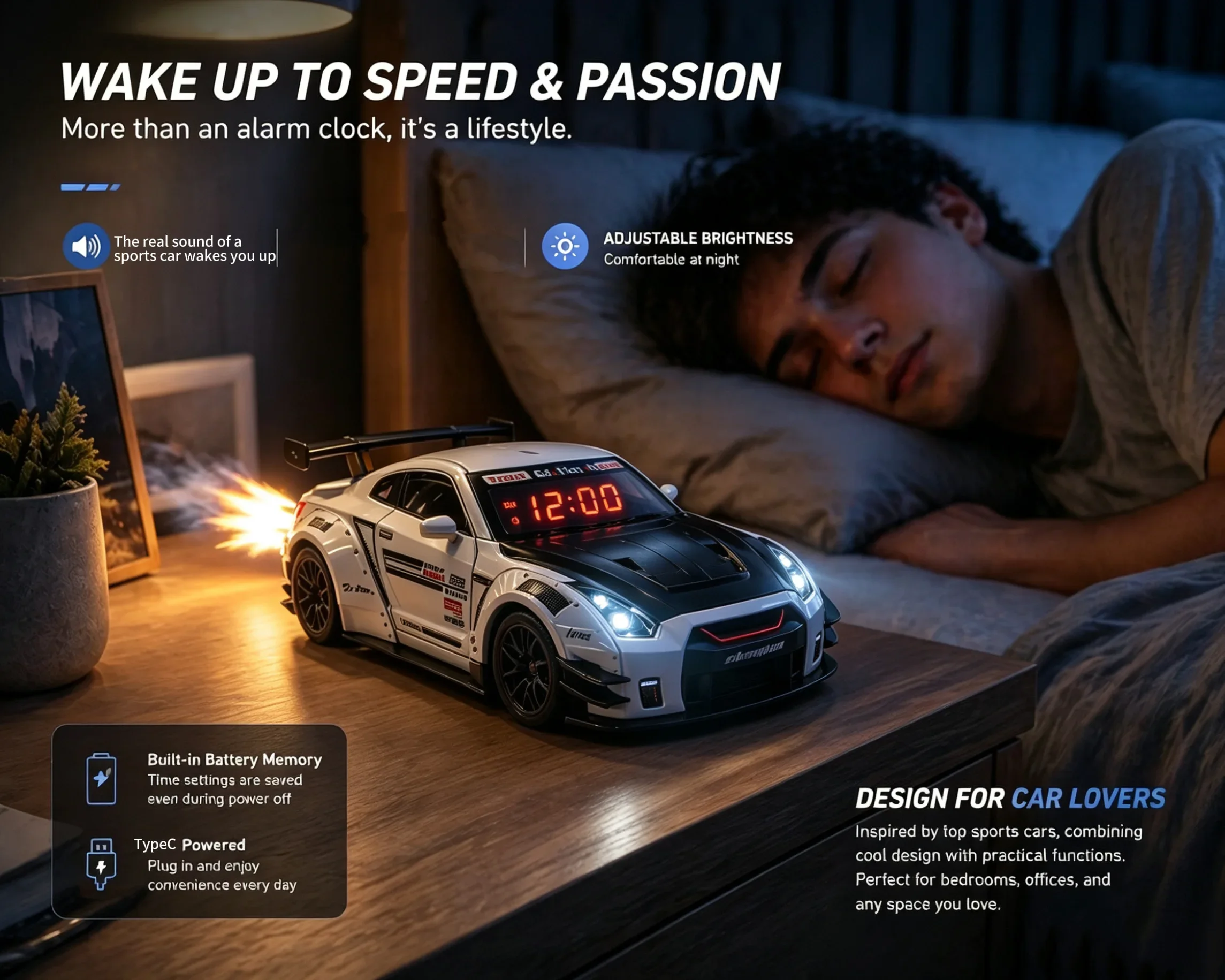 

Hypercar Alarm Clock Engine Sounds and Dynamic Flame Effects,Super Car Alarm Clock with Crystal Clear LED Display Screen