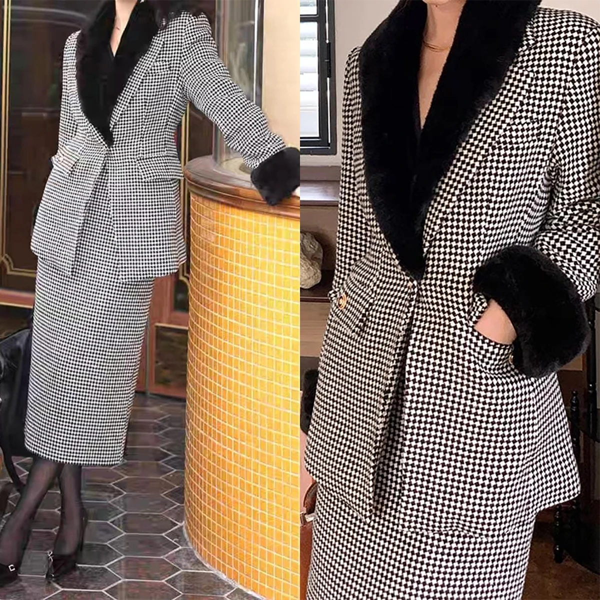 Elegant Women Suit V-Neck Lady Set Slim Fit Long Sleeves Warm 2 Pcs Coat Skirt Custom Made