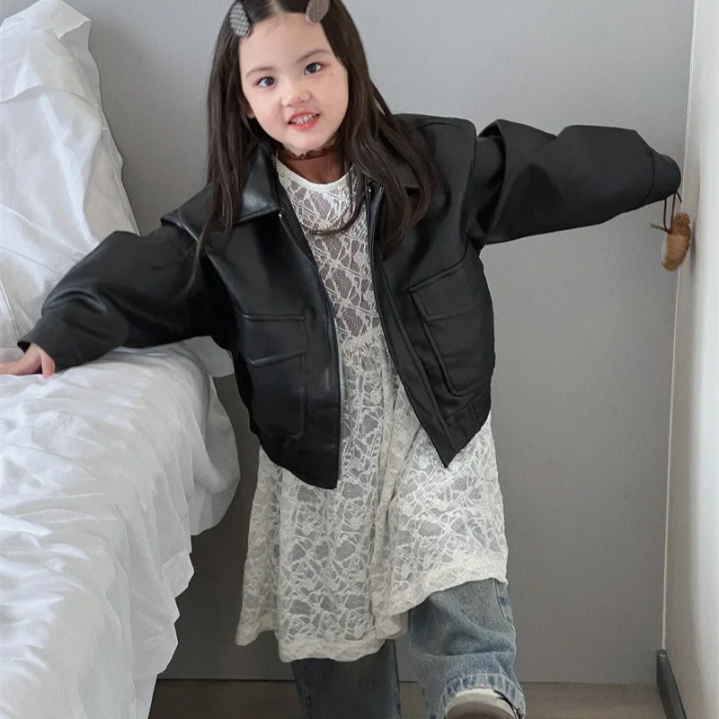 Coat Autumn New Childrens Clothing Korean Girl Retro Style Fashionable Imitation PU Leather Jacket Simple 2024 Turn Down Collar
