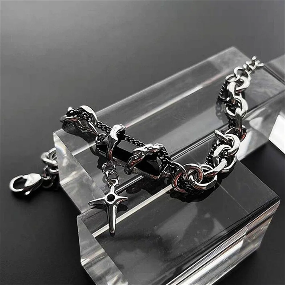 2024 Retro Black Zircon Star Bracelet For Women Men Trend Titanium Steel Punk Nk Chain Unisex Jewelry New Couple Accessories