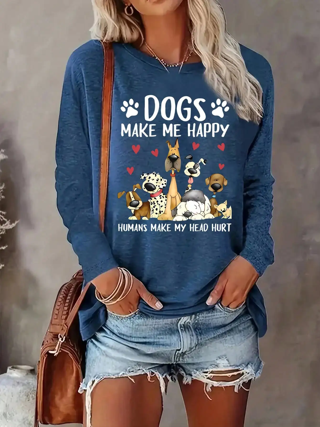 2026 Women's Spring and Summer Casual Slogan Dog Print Round Neck Solid Color Long Sleeved Pullover T-Shirt