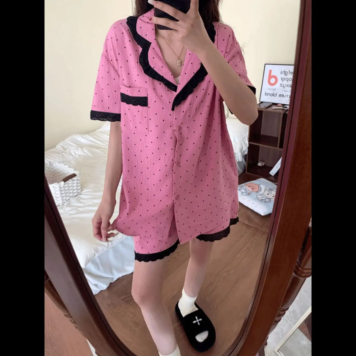 

Summer Polka Dot Lace Trim Spwear Set Women's ort Sve ort Pants Home Clothes Cartoon Print Cloud Cotton Thin Model