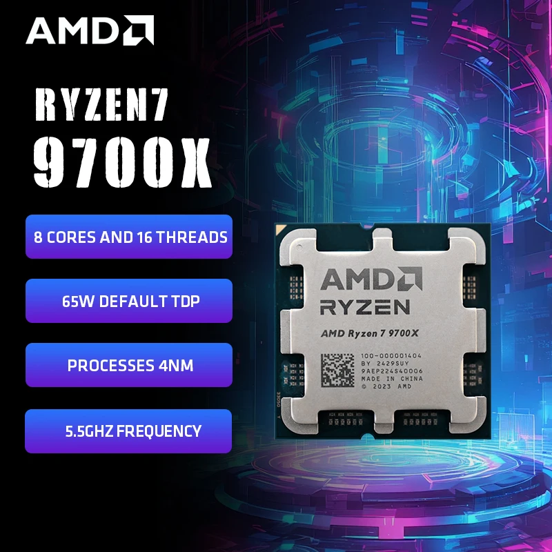 

Процессор AMD Ryzen 7 9700X R7 9700X 5,5 ГГц, 8 ядер, 16 потоков, 40 МБ, игровой кэш, 4 нм, TDP, 65 Вт, разъем AM5, игровой процессор Zen 5 без вентилятора