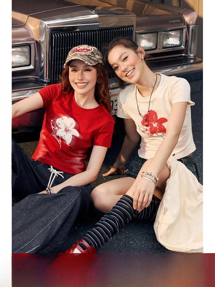 

BeerBro Street Sle Elastic Knitted Flat Weave Slim Fit Printed ort Sve T-irt Women Summer Faion Casual round Ne