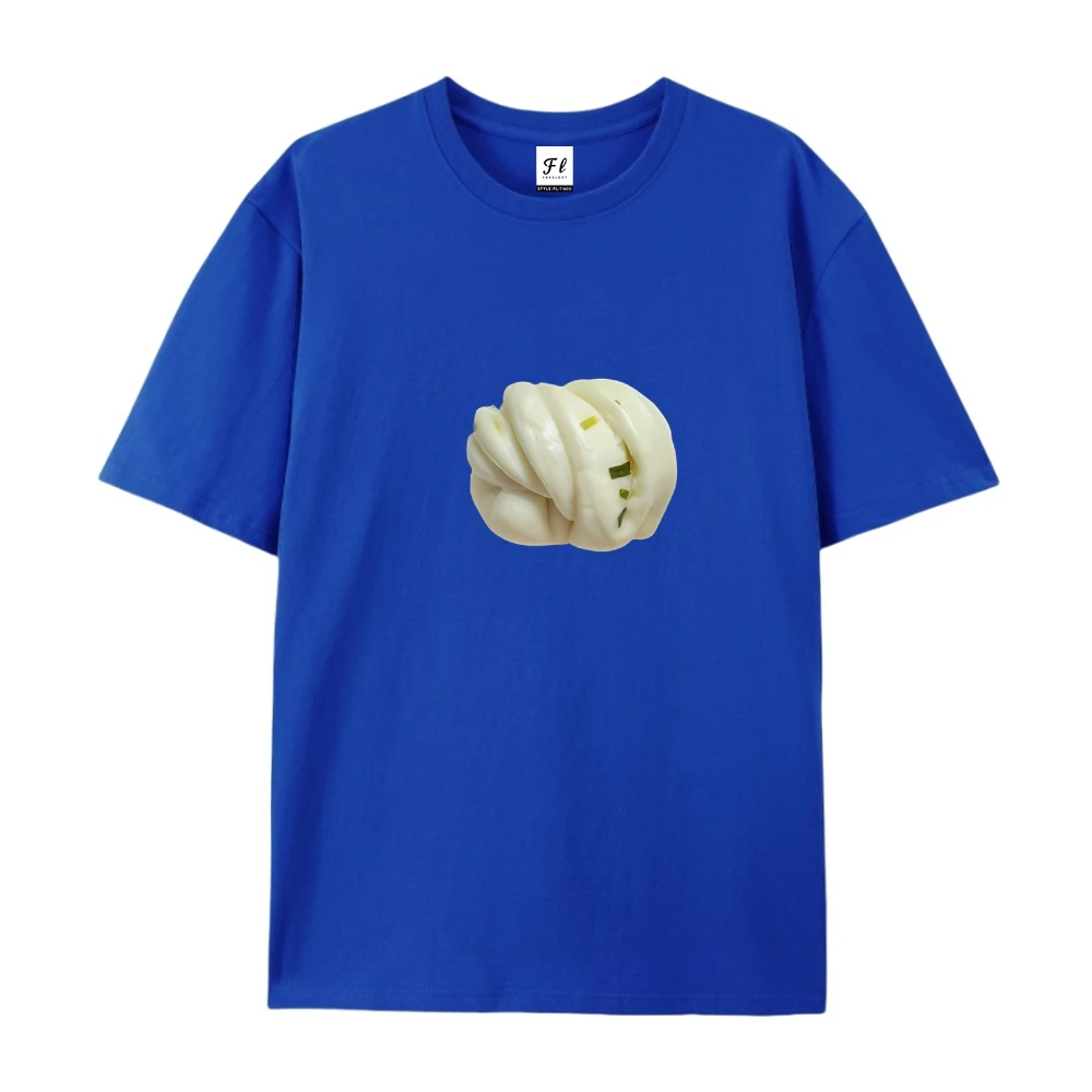 Women Clothes Steamed Tee Traditional Chinese Huajuan Print Handmade Dough Art Unisex Cotton Top Breakfast Street Food Style