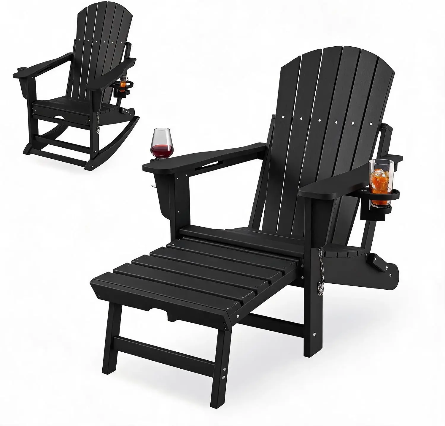 1PC Folding 4-in-1 Adirondack Rocking Chair with Retractable Ottoman HDPE Outdoor Rocker with Retractable Footrest, Dual Cup Golders, For Porch, Patio, Deck, Garden, & Poolside
