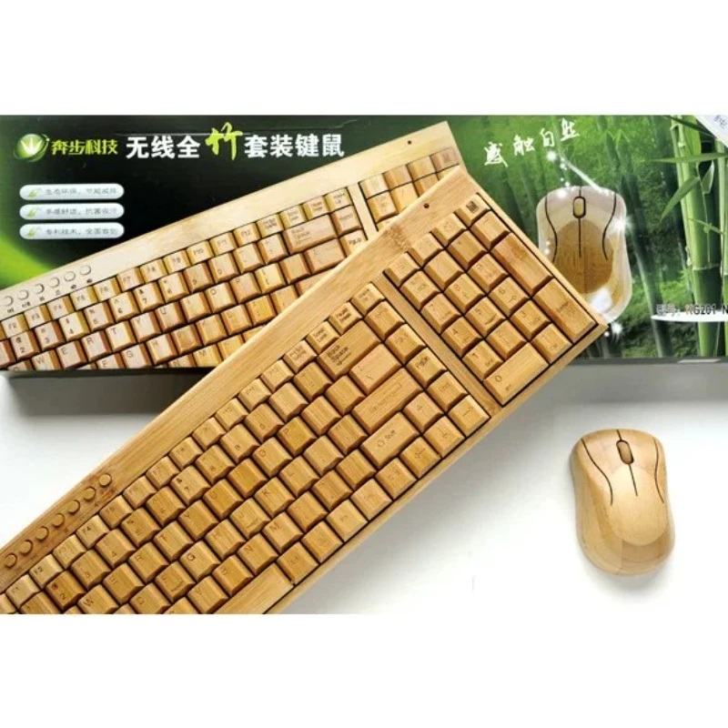 Wireless Bamboo Keyboard and Mouse Set Eco-friendly Natural Wooden Full Size Keyboard Mouse Combo Retro Ultra-thin 2.4G Wireless
