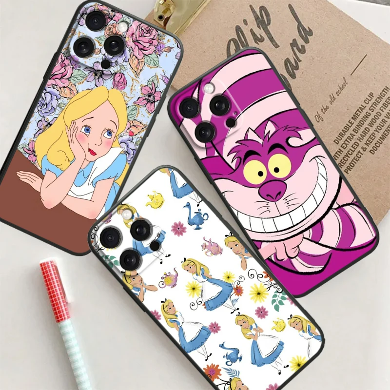 Alice Disney Cartoon Beauty For iPhone 15 14 13 12 11 XS XR X 8 7 SE Pro Max Plus Mini Black Back Phone Case image 2