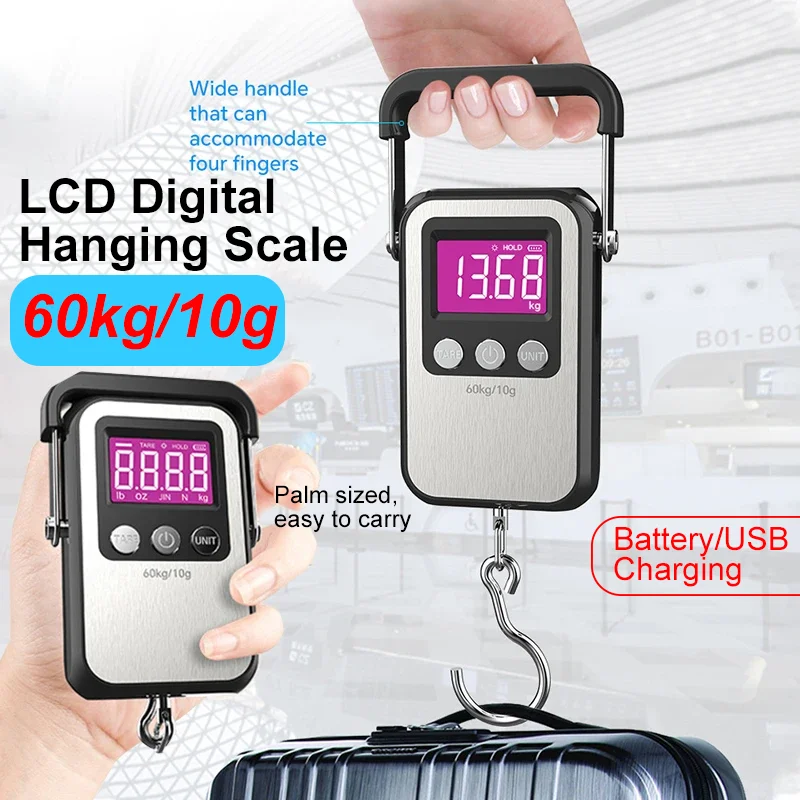 60Kg/10g Portable Digital Weight Scale Battery/USB Rechargeable Hanging Scale Hook Scale Luggage Fishing Scale for Household