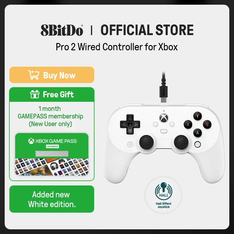 8bitdo-controlador de juego Pro 2 con cable para Xbox, actualización de Joystick de efecto Hall, conector de Audio de 3,5mm, Windows 10/11