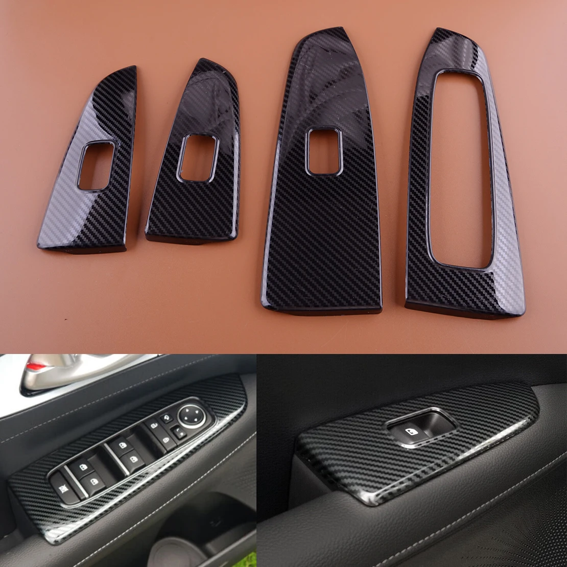 1 Set Black Carbon Fiber Style Car Window Lift Panel Switch Cover Stainless Steel Trim Fit for Kia Forte K3 2019 2020 2021 2022