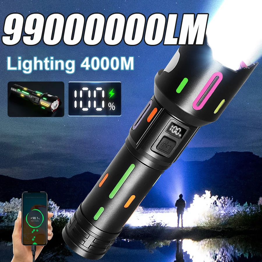 Rechargeable Flashlight 99000000LM High Power LED Flashlights With COB Light Camping Lantern Power Display Tactical Lantern