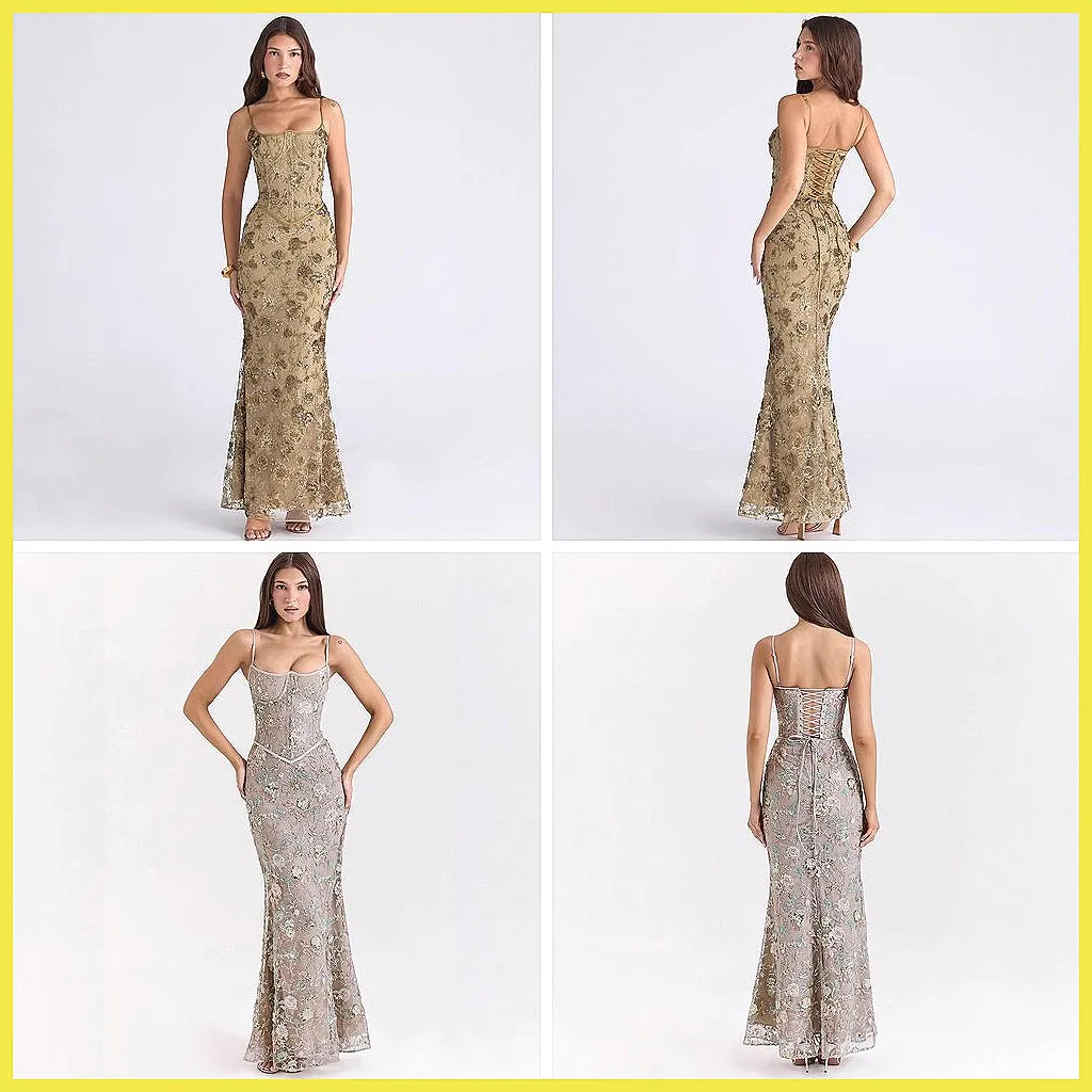 

Sexy Floral Embroidery Backless Long Dress for Women, Elegant Wrap Chest Slim Party Dress