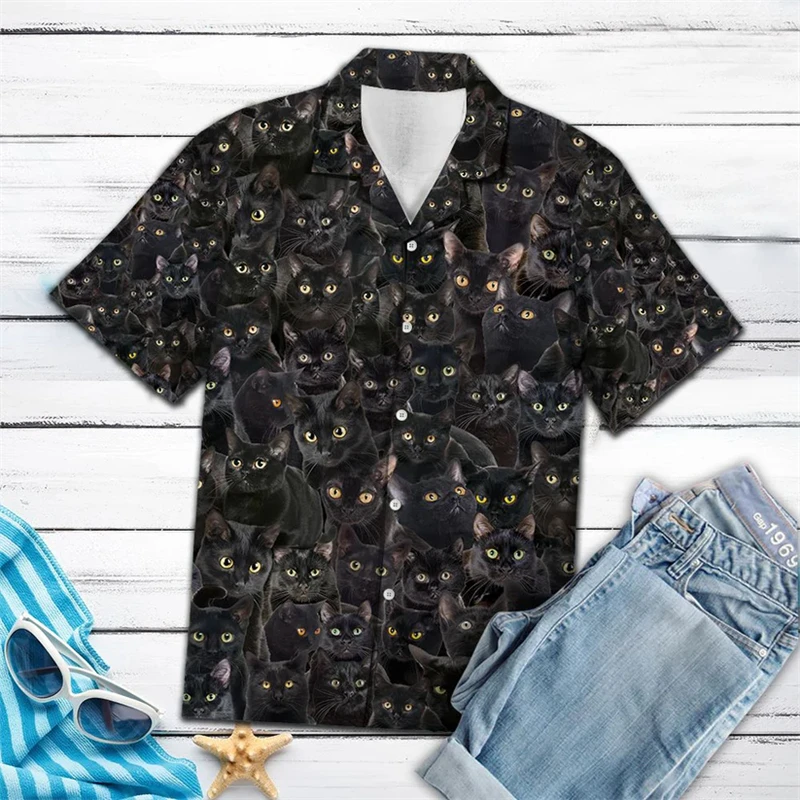 

Funny Black Cat Pattern Hawaiian Shirts Summer Fashion Short Sleeve 3D Printed Cat Lover Shirt Casual Oversized Unisex Blouses
