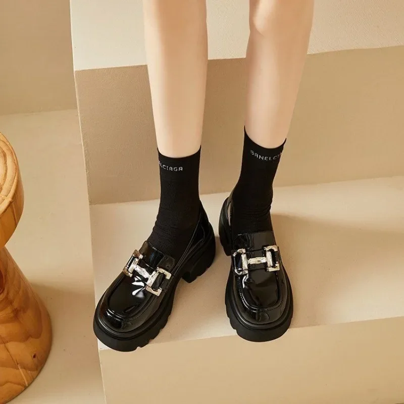 Block-heeled Loafers, New Spring and Autumn New Heightened British Style Platform Shoes, Small Leather Shoes, Black Single Shoes