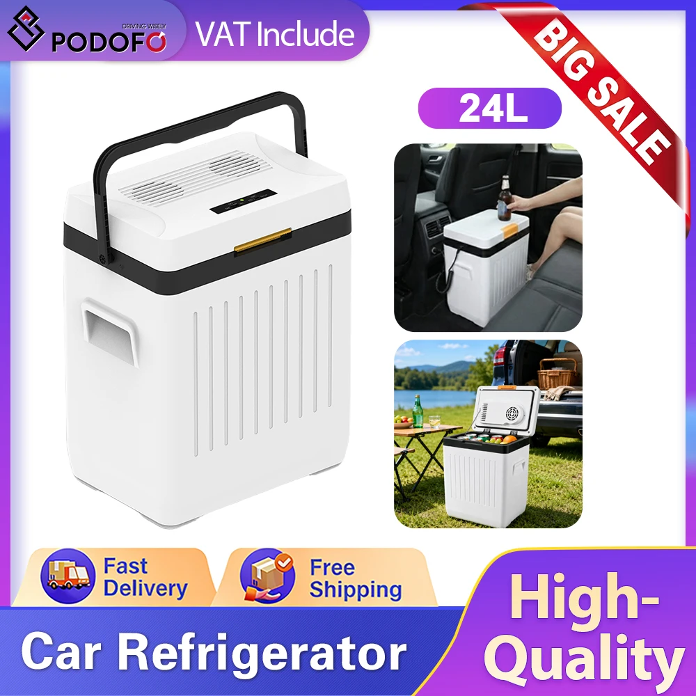 Refrigerador Portátil Podofo de 24L, Enfriador Eléctrico con Compresor de 12V, Caja Refrigeradora 10 ° C~25 ° Mini Nevera Portátil de Gran Capacidad, Enfriador de Bebidas para Camping, Viajes, Barbacoa, Camioneta y Hogar