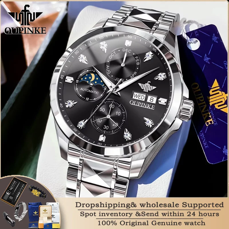 Original OUPINKE 3298 NEW Men\'s Watches Chronograph Waterproof Tungsten steel Sapphire Mirror Automatic Mechanical Man Watch