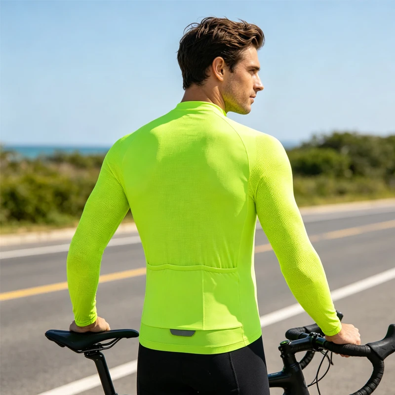Summer Men's Long Sleeve Cycling Jersey, Half Zip Breathable Mesh Bike Shirt, Fluorescent High Visibility Road Biking Top view 3