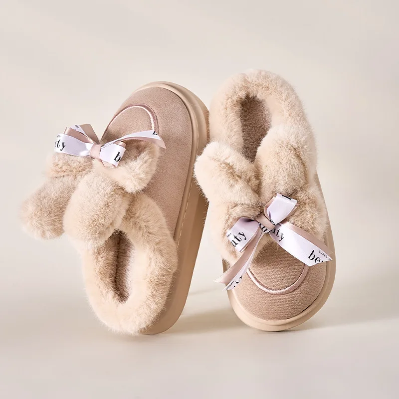 Autunno inverno Indoor donna pantofole calde pelliccia sintetica ragazza casa scarpe di cotone carino fiocco nodo coniglio peluche camera da letto