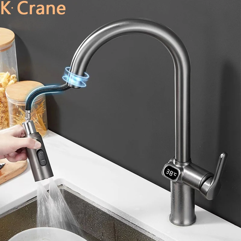 Kitchen Sink LED Digital Faucet Pull Down Hot Cold Mixer Brass Copper Tap Deck Mount 360 Degree Rotation Modern Luxury Crane Tap