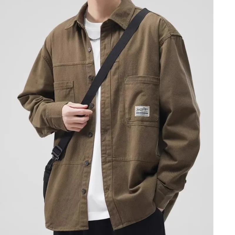 レトロな日本スタイルの長袖カジュアルルーズワークウェア男性用春秋ポリエステル繊維耐摩耗性と汚れに強い