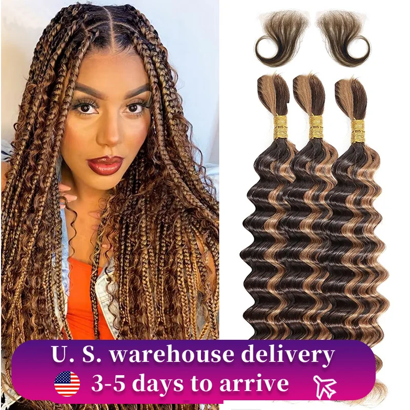 Bundles de cheveux humains Deep Wave pour femmes, extensions de cheveux en vrac pour tressage, sans trame, blond miel, 4 27 Highlight