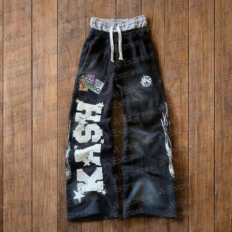 Amerikanische 2026 Sweatpants Y2K Hosen Herren Gothic Hip Hop Buchstaben-Patch Retro Doppellagiges Design Baggy Elastische Taille Freizeithosen
