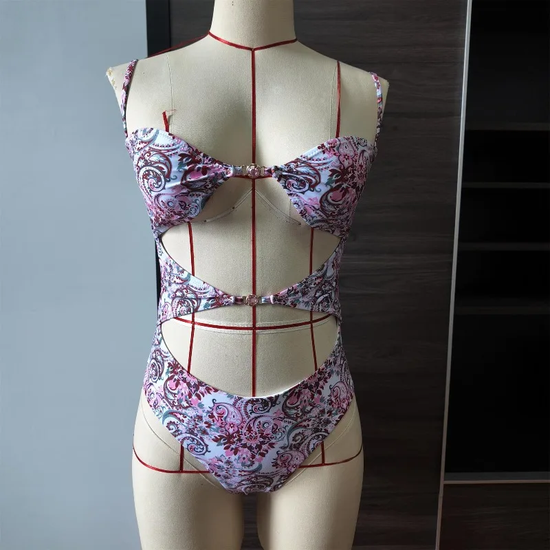 New Deep-v Bodysuit Tops Printed Cutout One-Piece Swimsuit Women Clothing Sexy Lace-up Backless Body Suit Bathing Suit Beachwear