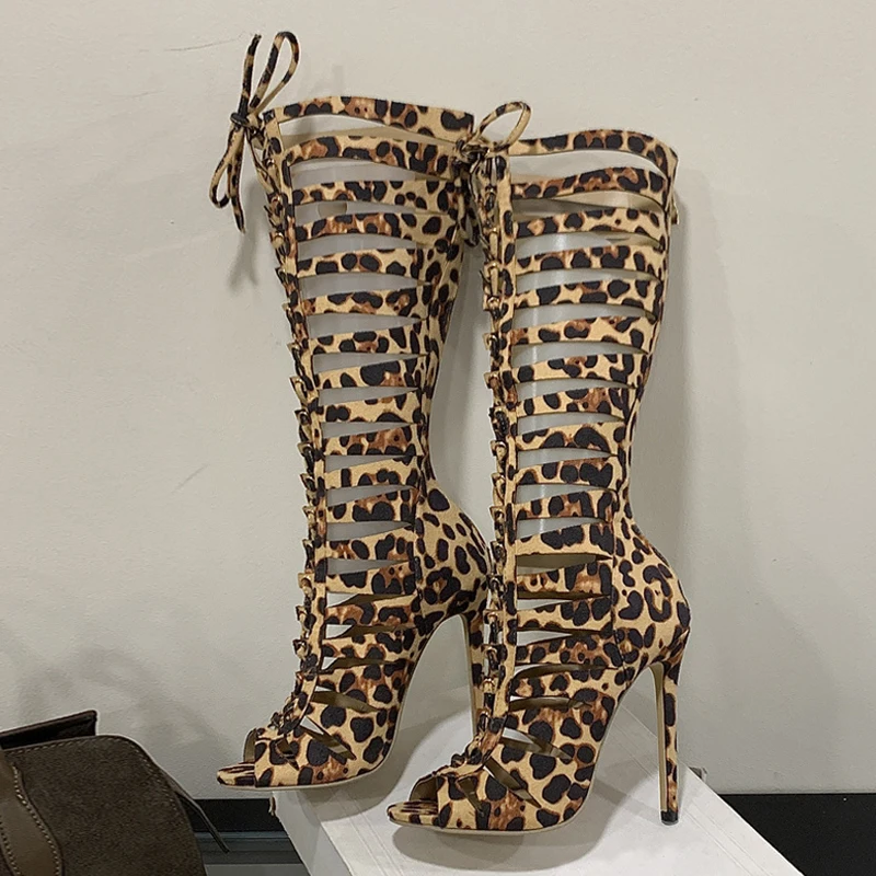 Liyke موضة الجوف خارج عبر حزام ليوبارد طباعة حذاء برقبة للركبة صندل المرأة البريدي مثير اللمحة تو متجرد الكعوب أحذية طويلة التمهيد #3