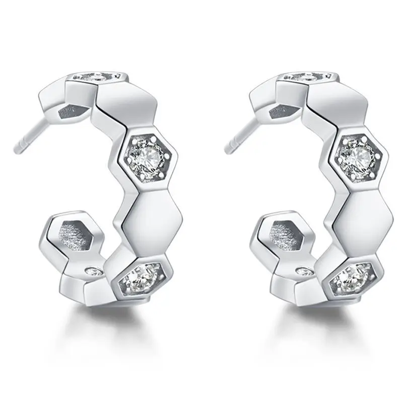 LYCFN-pendientes geométricos de aro de panal de abeja para mujer, aretes Huggie hexagonales de diamante de circón de Plata de Ley 925, joyería