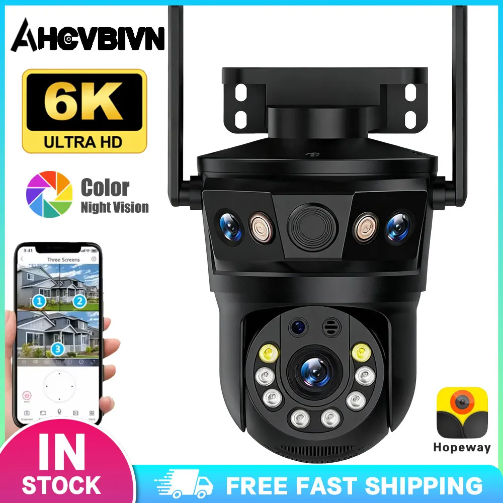 

Трехлинзовая трехэкранная IP-камера 12 МП 6K для наружного видеонаблюдения с Wi-Fi, PTZ, автослежением, двусторонней аудиосвязью и защитой от непогоды